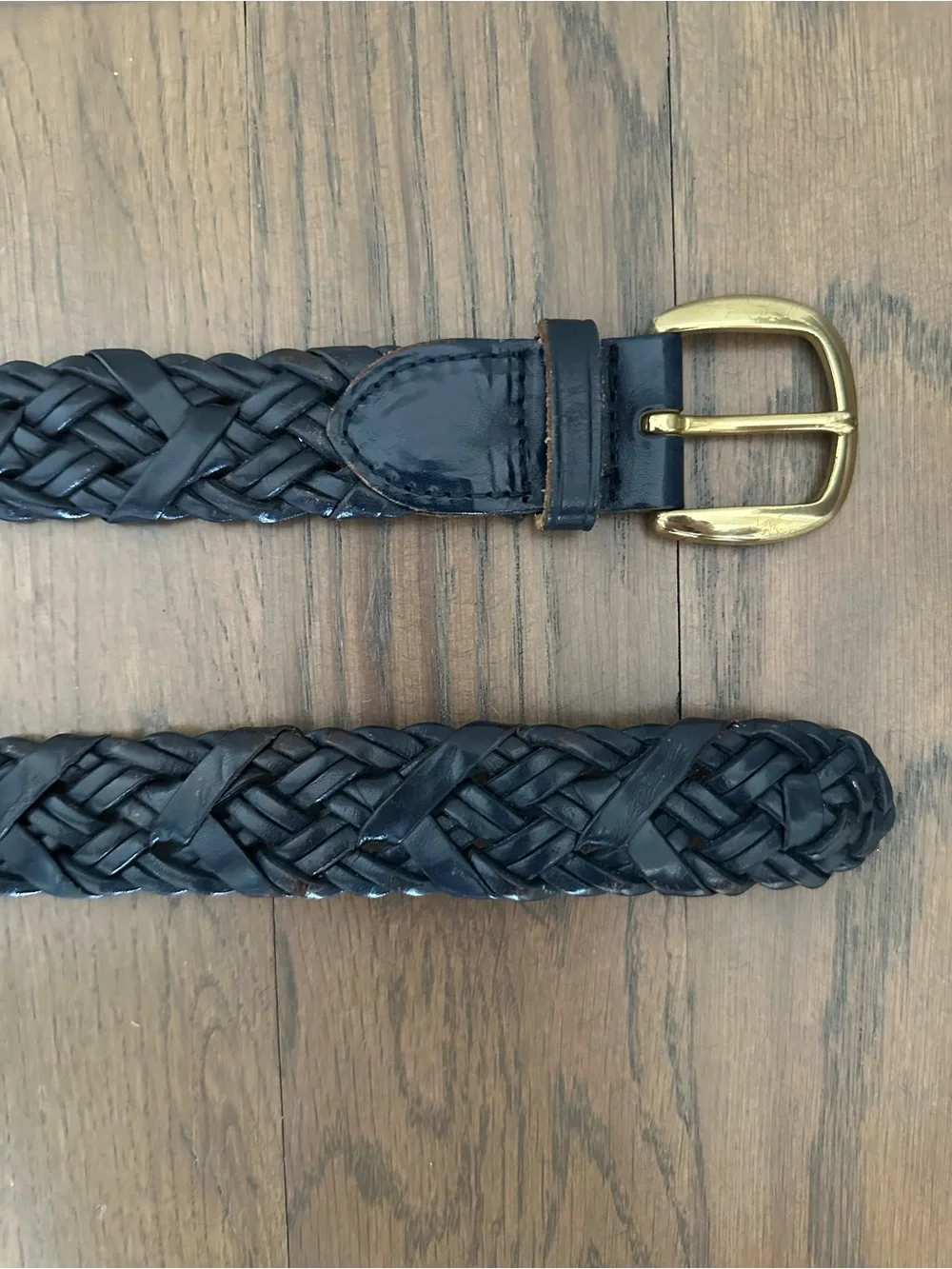 Vintage Talbots Braided Leather Belt Solid Brass Square Buckle Gloss Navy Large